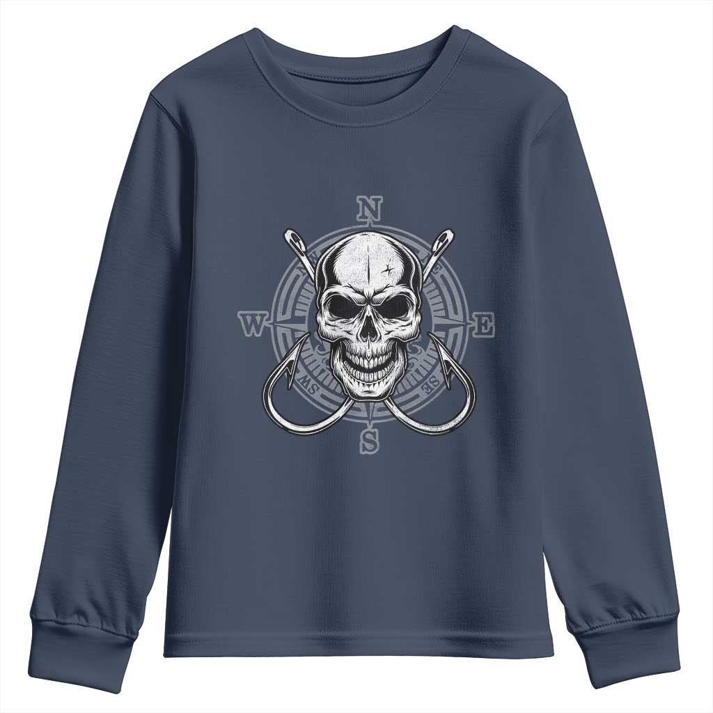 Funny Fishing Lover Youth Sweatshirt Pirate Skull Fishing Hook Compass TS11 Navy Print Your Wear