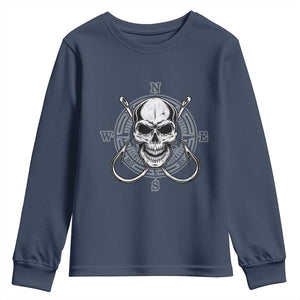 Funny Fishing Lover Youth Sweatshirt Pirate Skull Fishing Hook Compass TS11 Navy Print Your Wear