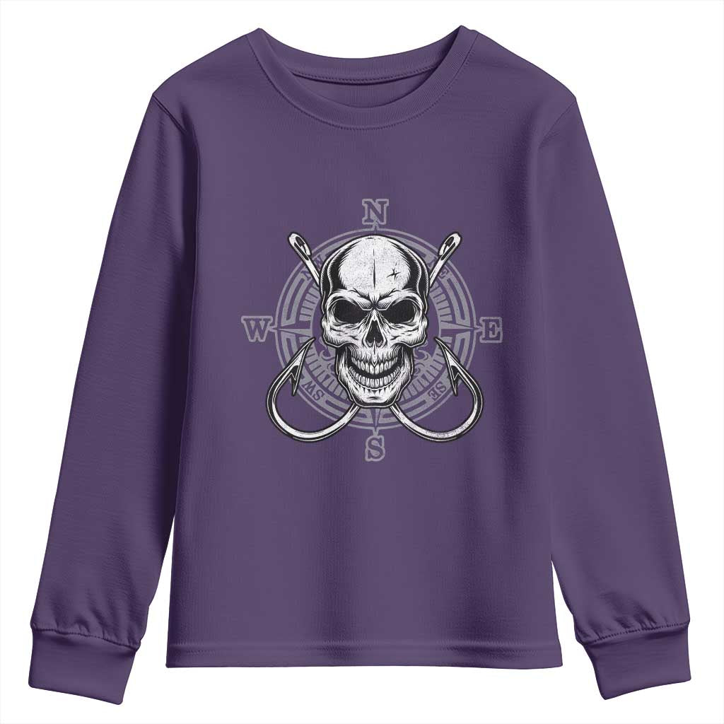 Funny Fishing Lover Youth Sweatshirt Pirate Skull Fishing Hook Compass TS11 Purple Print Your Wear
