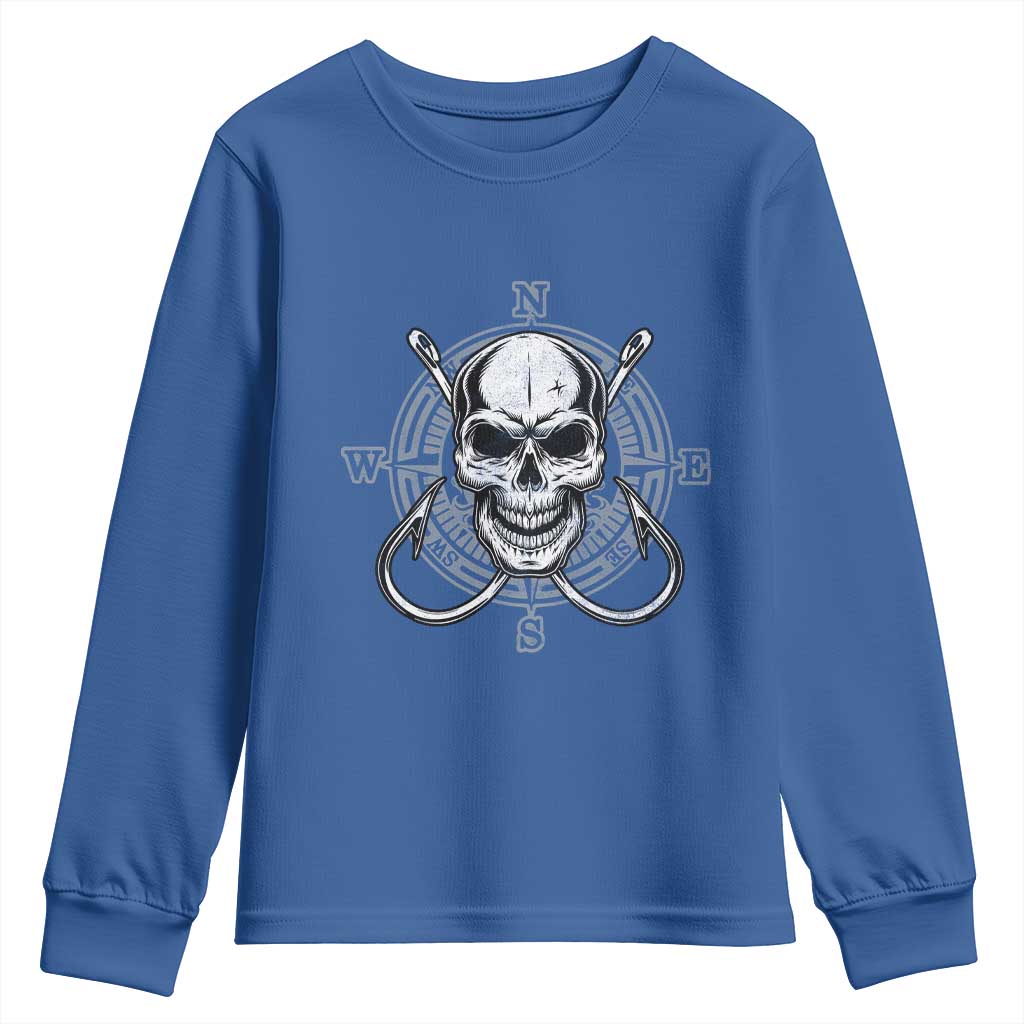 Funny Fishing Lover Youth Sweatshirt Pirate Skull Fishing Hook Compass TS11 Royal Blue Print Your Wear