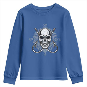 Funny Fishing Lover Youth Sweatshirt Pirate Skull Fishing Hook Compass TS11 Royal Blue Print Your Wear