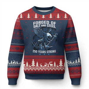 Navy Military 250th Anniversary Ugly Christmas Sweater Forged Of Salt And Steel 250 Years Strong TS11 Navy Red Print Your Wear