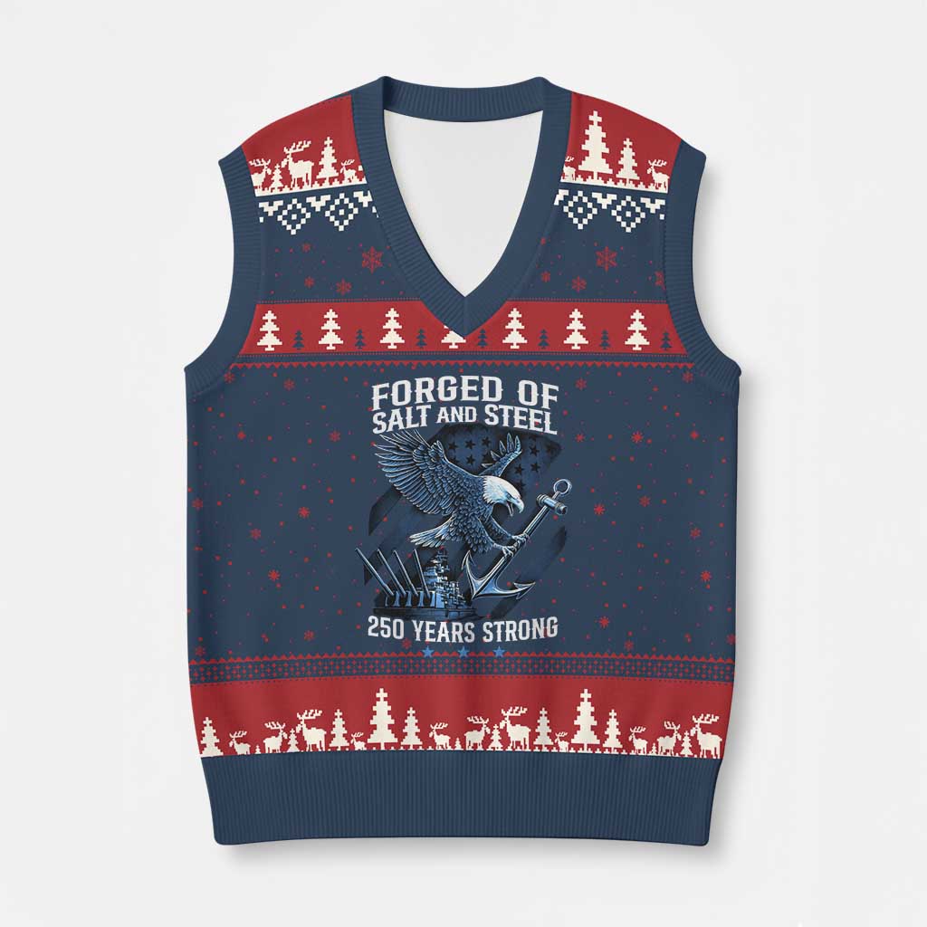Navy Military 250th Anniversary V-Neck Knit Sweater Vest Forged Of Salt And Steel 250 Years Strong TS11 Navy Red Print Your Wear