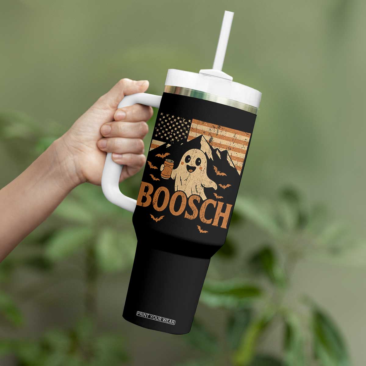 Funny Ghost Boosch Beer Halloween Tumbler With Handle Vintage American Flag TS11 Print Your Wear