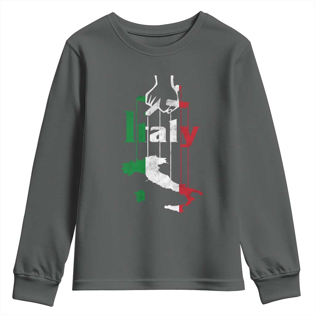 Funny Italia Heritage Pride Youth Sweatshirt Vintage Italian Map Mafia Gangster TS11 Dark Heather Print Your Wear