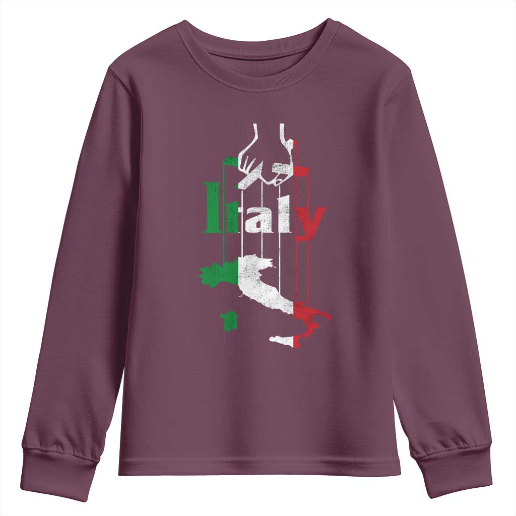 Funny Italia Heritage Pride Youth Sweatshirt Vintage Italian Map Mafia Gangster TS11 Maroon Print Your Wear