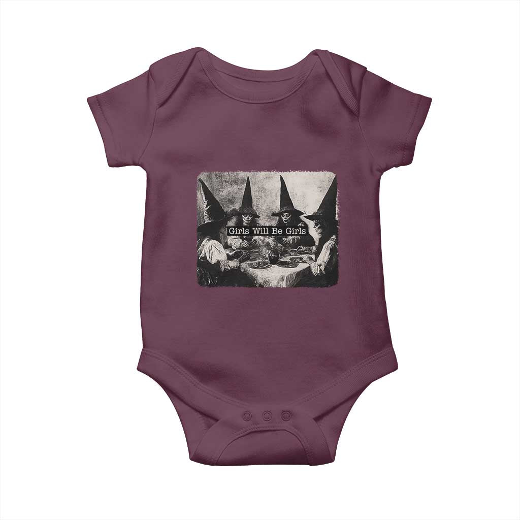 Funny Witch Girls Will Be Girls Baby Onesie Feminist Halloween TS11 Maroon Print Your Wear
