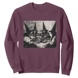 Funny Witch Girls Will Be Girls Sweatshirt Feminist Halloween TS11 Maroon Print Your Wear
