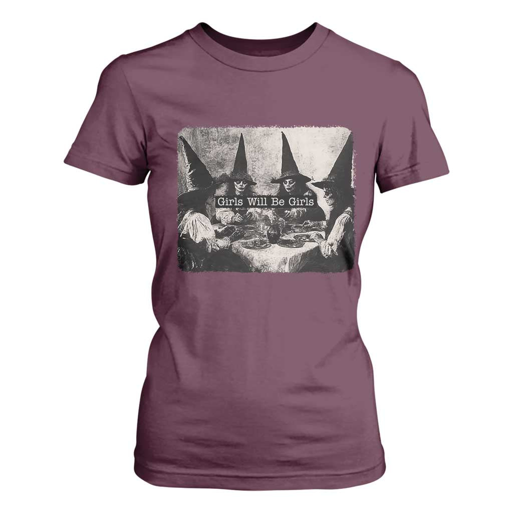 Funny Witch Girls Will Be Girls T Shirt For Women Feminist Halloween TS11 Maroon Print Your Wear