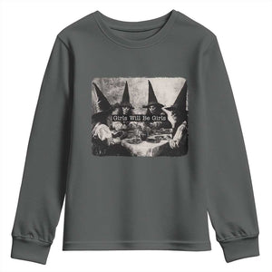 Funny Witch Girls Will Be Girls Youth Sweatshirt Feminist Halloween TS11 Dark Heather Print Your Wear