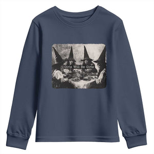 Funny Witch Girls Will Be Girls Youth Sweatshirt Feminist Halloween TS11 Navy Print Your Wear