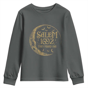 Salem 1692 They Missed One Youth Sweatshirt Halloween Feminist Witch Trials TS11 Dark Heather Print Your Wear