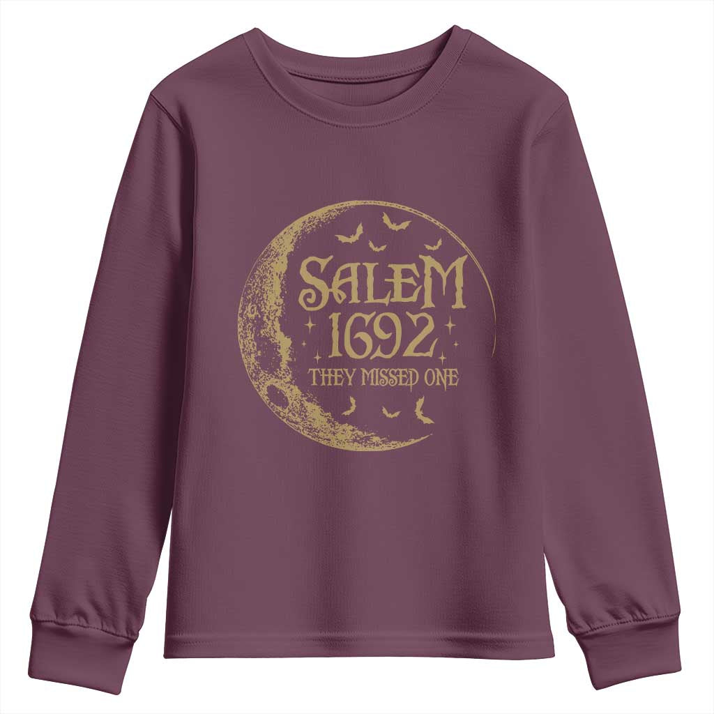 Salem 1692 They Missed One Youth Sweatshirt Halloween Feminist Witch Trials TS11 Maroon Print Your Wear