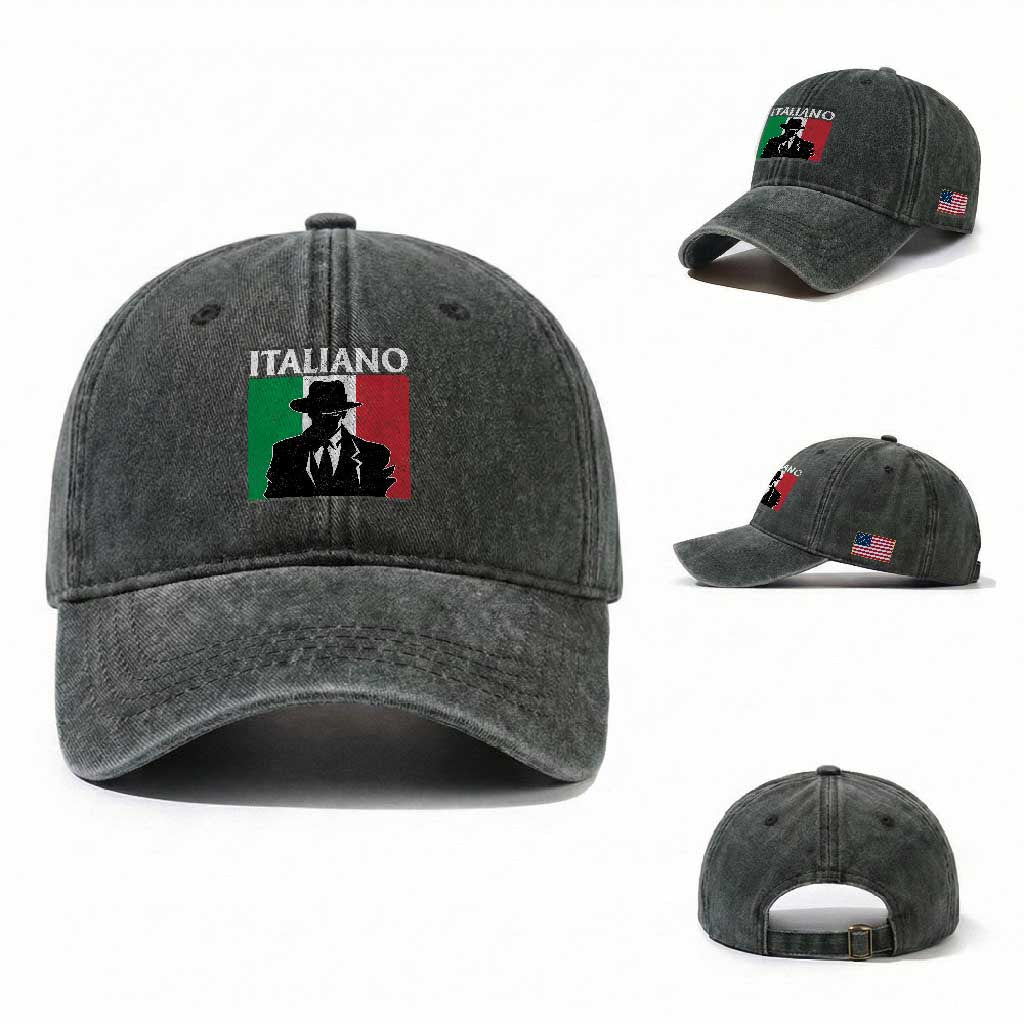 Italiano Italian Mafia Sicilian Gangster Italy Flag Washed Cotton Baseball Cap TS11 Washed Cap Universal Fit Dark Green Print Your Wear