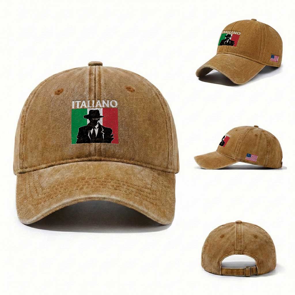 Italiano Italian Mafia Sicilian Gangster Italy Flag Washed Cotton Baseball Cap TS11 Washed Cap Universal Fit Yellow Ochre Print Your Wear