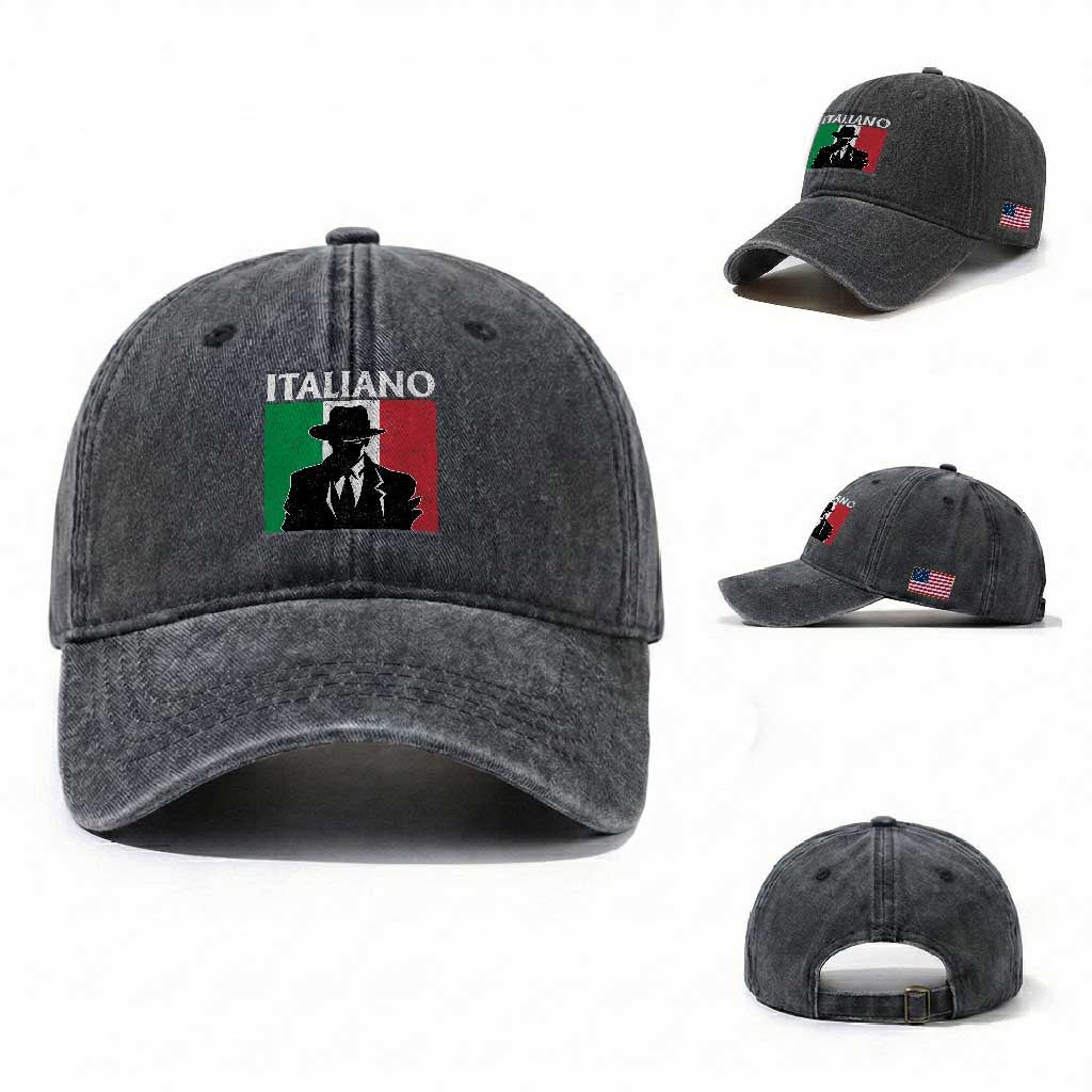 Italiano Italian Mafia Sicilian Gangster Italy Flag Washed Cotton Baseball Cap TS11 Washed Cap Universal Fit Dark Gray Print Your Wear