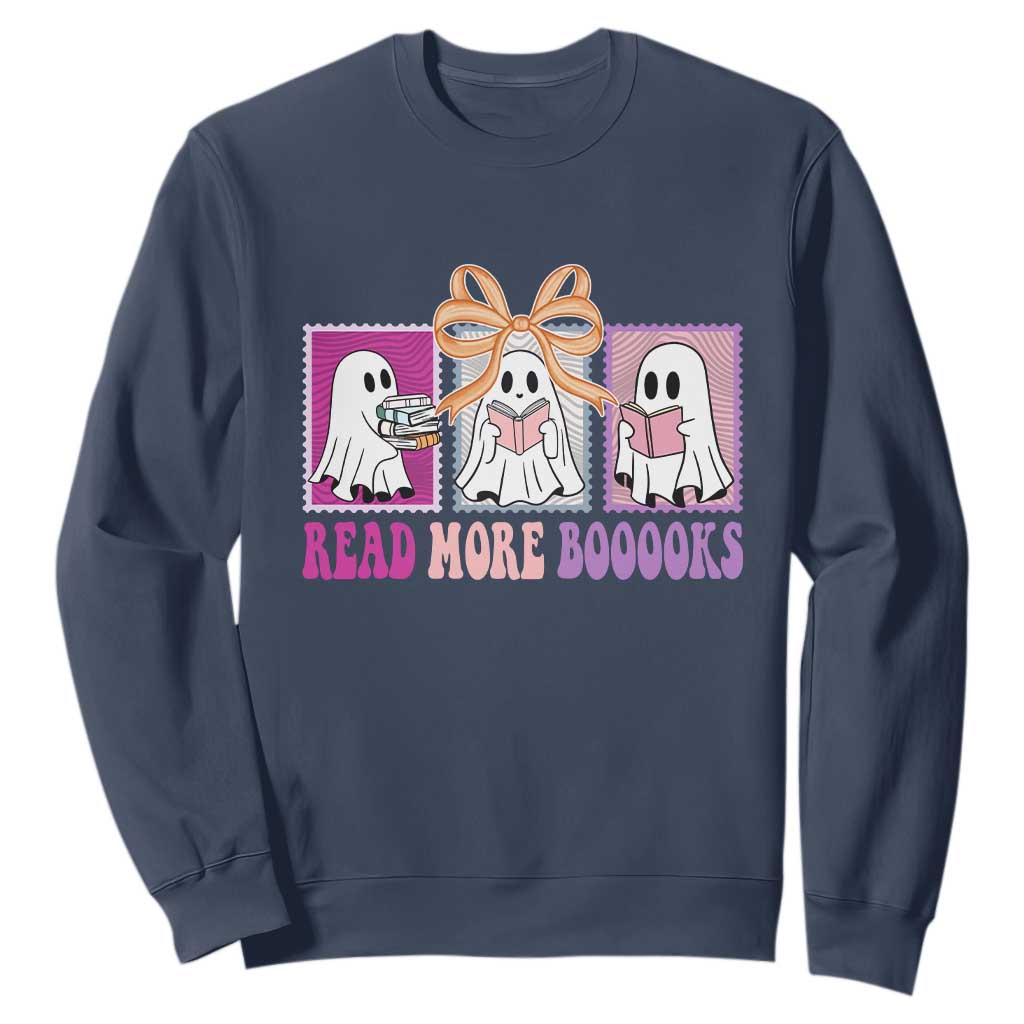 Halloween Teacher Sweatshirt Read More Boooooks Cute Ghost Reading Books TS11 Navy Print Your Wear
