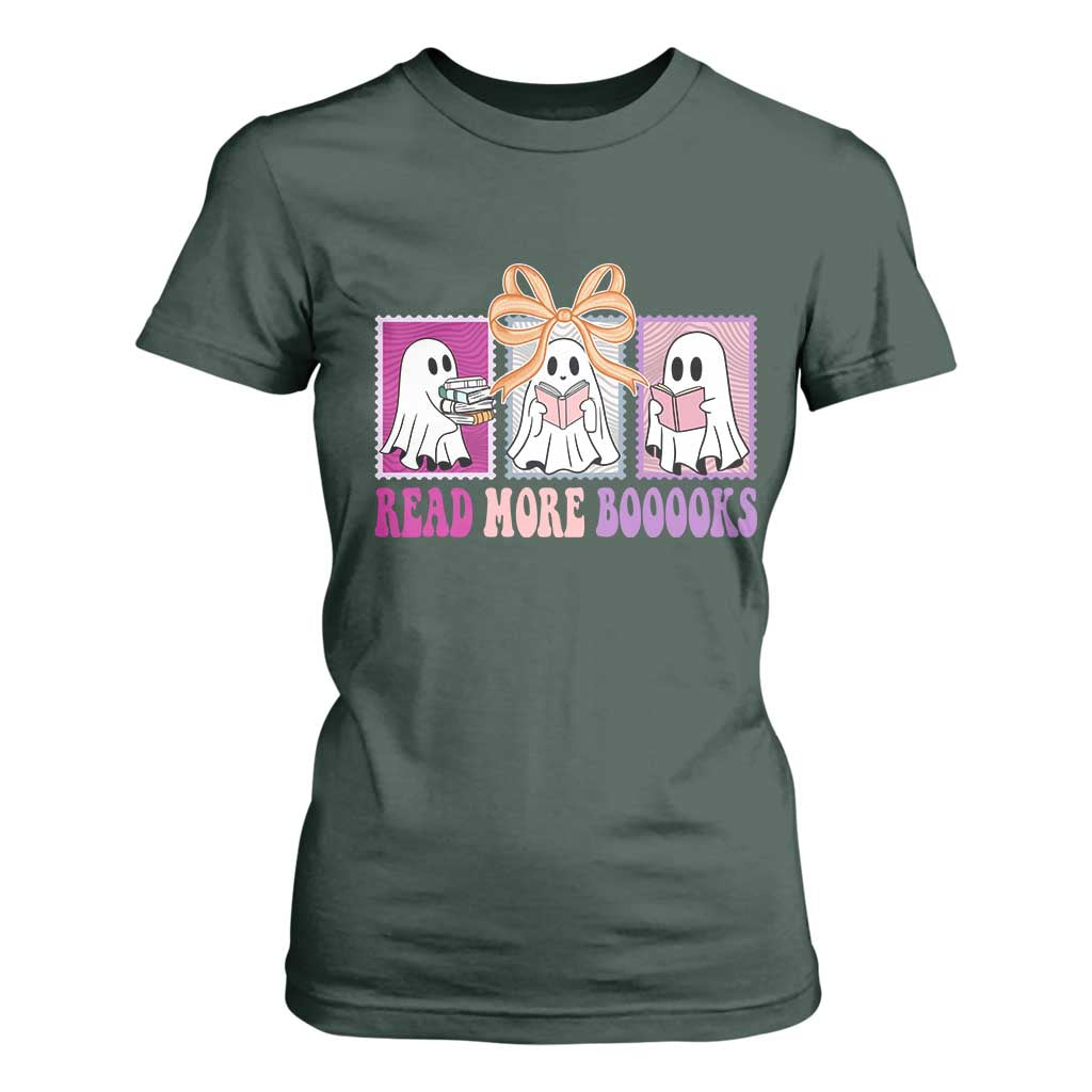 Halloween Teacher T Shirt For Women Read More Boooooks Cute Ghost Reading Books TS11 Dark Forest Green Print Your Wear