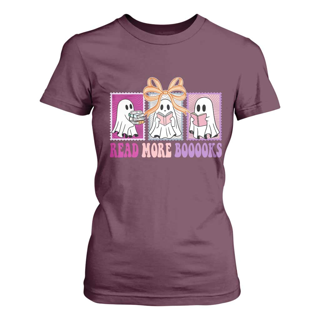 Halloween Teacher T Shirt For Women Read More Boooooks Cute Ghost Reading Books TS11 Maroon Print Your Wear