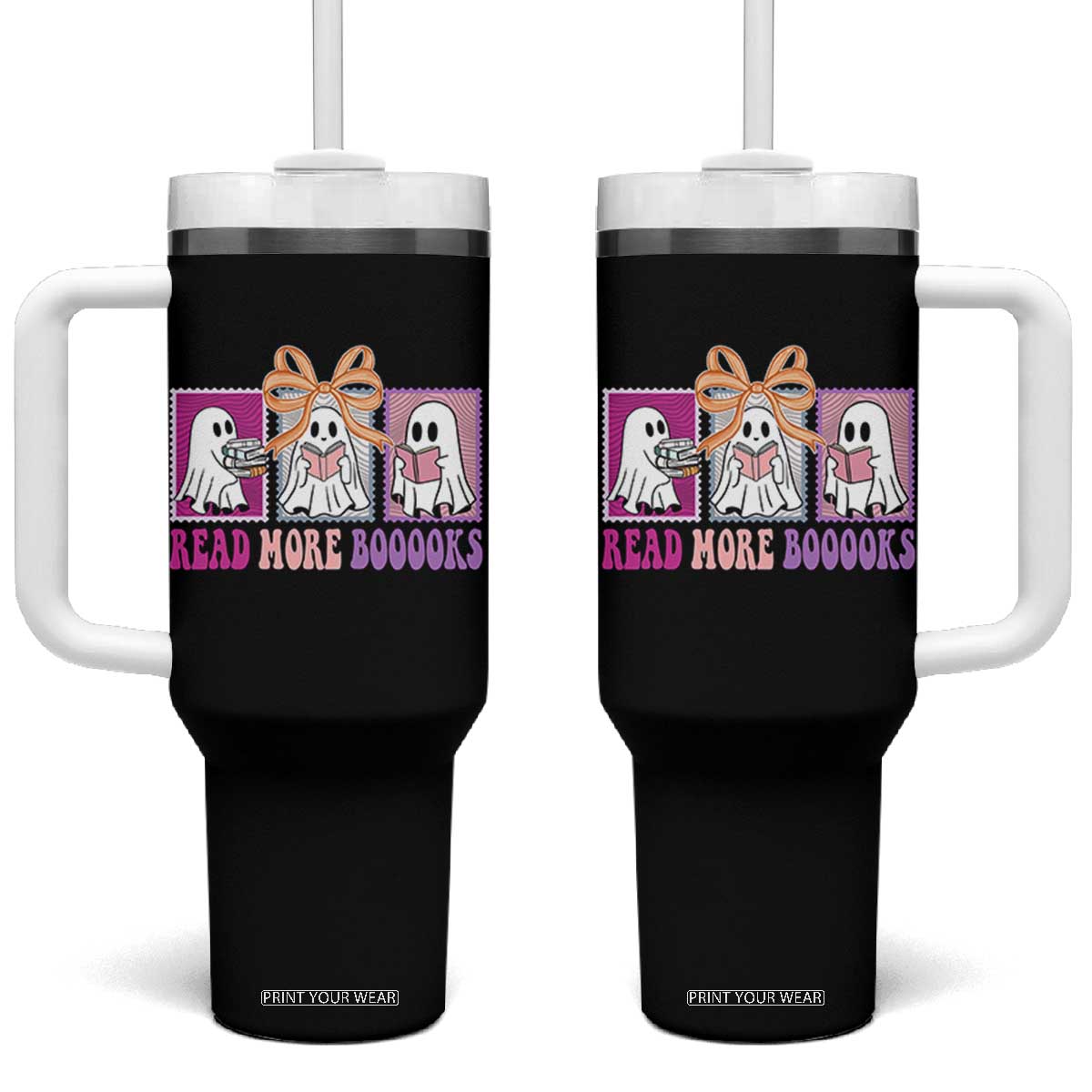 Halloween Teacher Tumbler With Handle Read More Boooooks Cute Ghost Reading Books TS11 One Size: 40 oz Black Print Your Wear