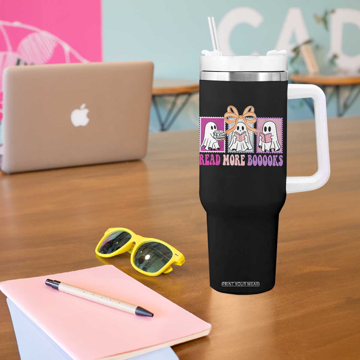 Halloween Teacher Tumbler With Handle Read More Boooooks Cute Ghost Reading Books TS11 Print Your Wear