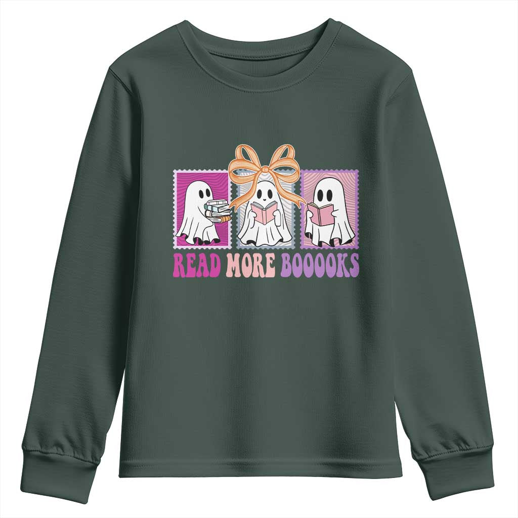 Halloween Teacher Youth Sweatshirt Read More Boooooks Cute Ghost Reading Books TS11 Dark Forest Green Print Your Wear