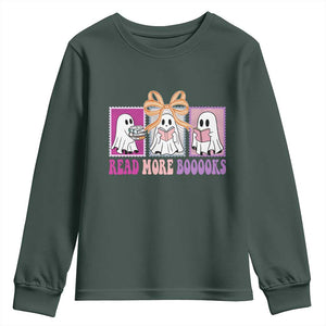 Halloween Teacher Youth Sweatshirt Read More Boooooks Cute Ghost Reading Books TS11 Dark Forest Green Print Your Wear