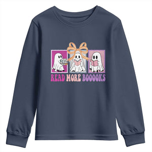 Halloween Teacher Youth Sweatshirt Read More Boooooks Cute Ghost Reading Books TS11 Navy Print Your Wear