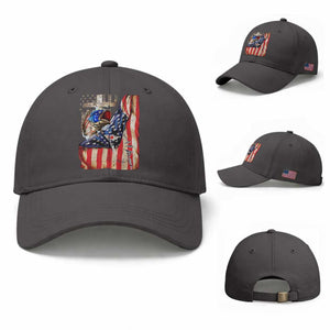 Fisherman Christian Fishing Vintage American Flag Baseball Cap TS11 Baseball Cap Universal Fit Dark Gray Print Your Wear