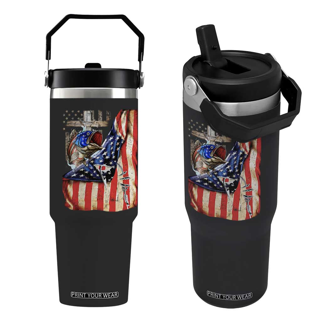Fisherman Christian Fishing Vintage American Flag Flip Straw Tumbler TS11 One Size: 30 oz Black Print Your Wear