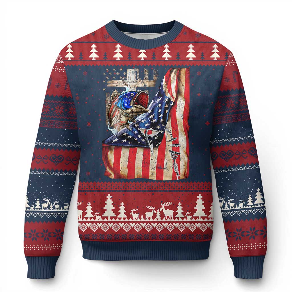 Fisherman Christian Fishing Vintage American Flag Ugly Christmas Sweater TS11 Navy Red Print Your Wear