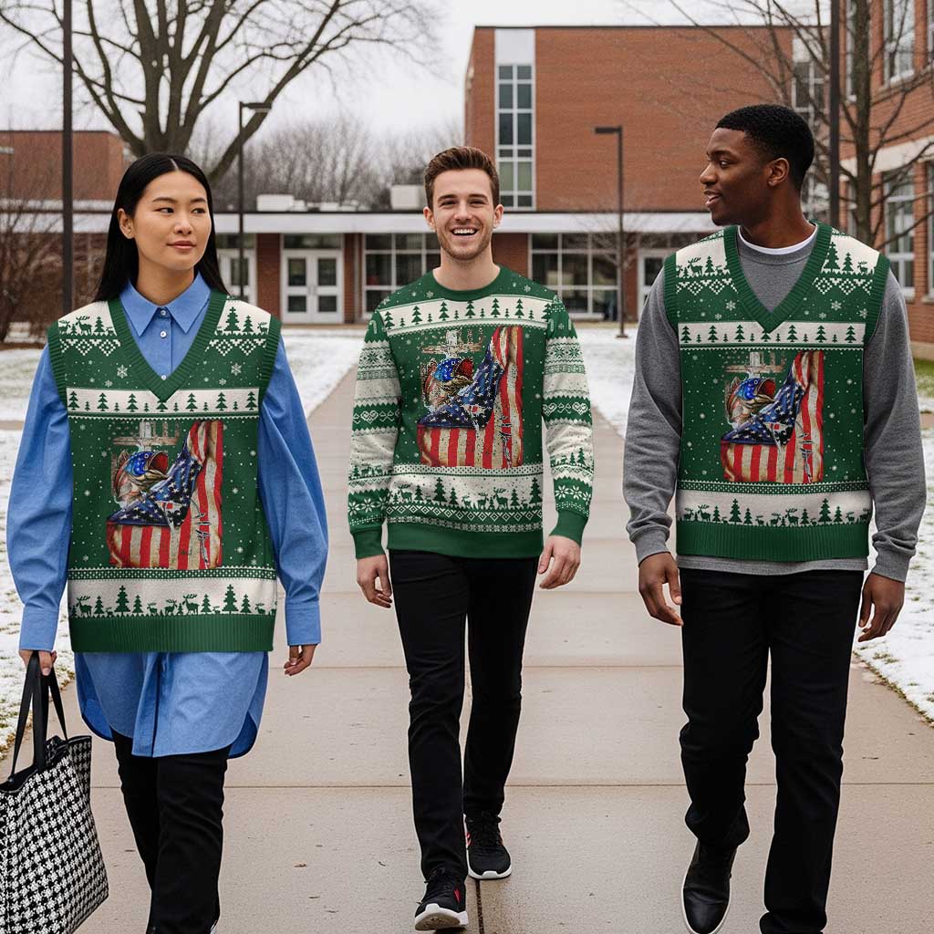 Fisherman Christian Fishing Vintage American Flag V-Neck Knit Sweater Vest TS11 Forest Green Beige Print Your Wear