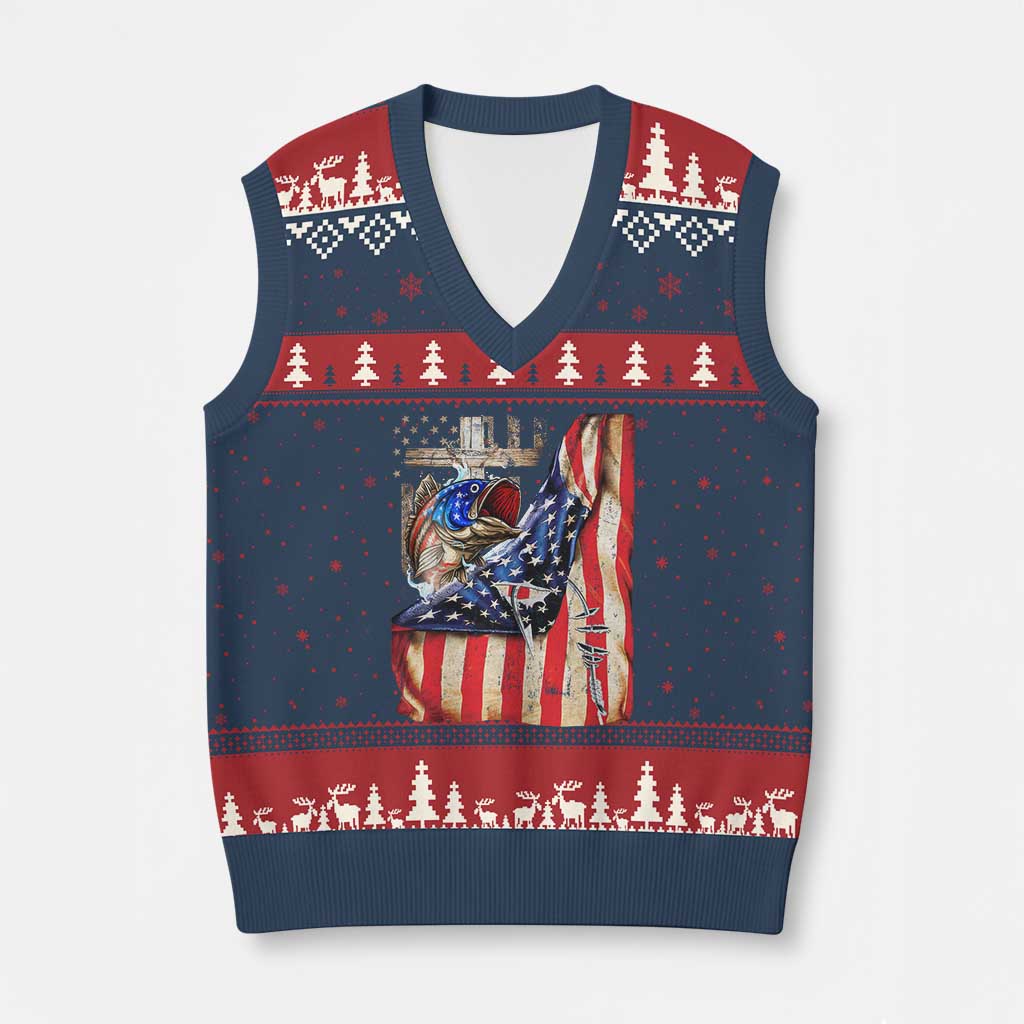 Fisherman Christian Fishing Vintage American Flag V-Neck Knit Sweater Vest TS11 Navy Red Print Your Wear