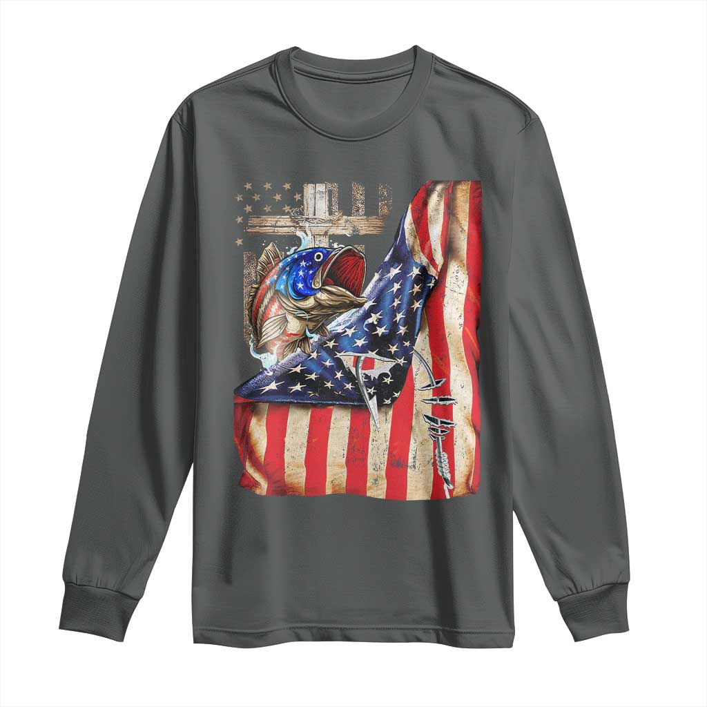 Fisherman Christian Fishing Vintage American Flag Long Sleeve Shirt TS11 Dark Heather Print Your Wear