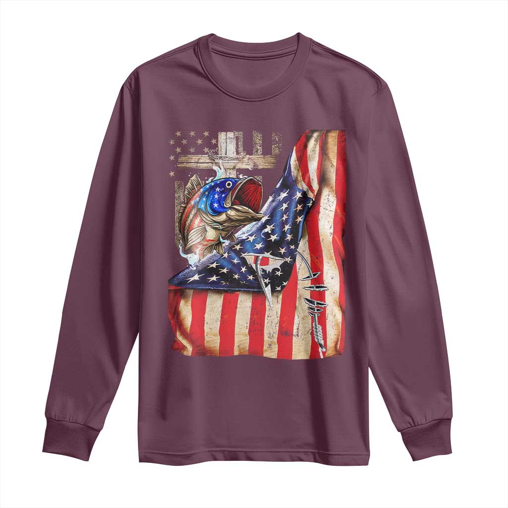 Fisherman Christian Fishing Vintage American Flag Long Sleeve Shirt TS11 Maroon Print Your Wear