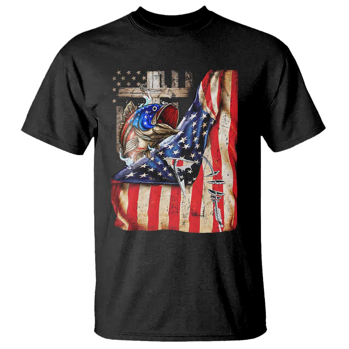 Fisherman Christian Fishing Vintage American Flag T Shirt TS11 Black Print Your Wear