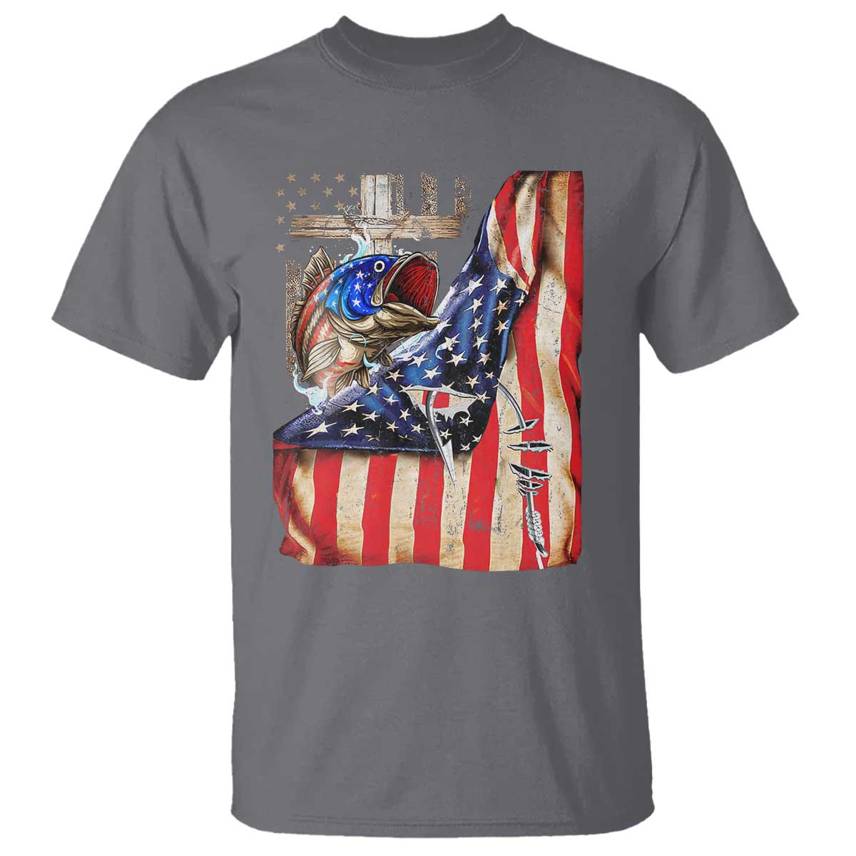 Fisherman Christian Fishing Vintage American Flag T Shirt TS11 Charcoal Print Your Wear