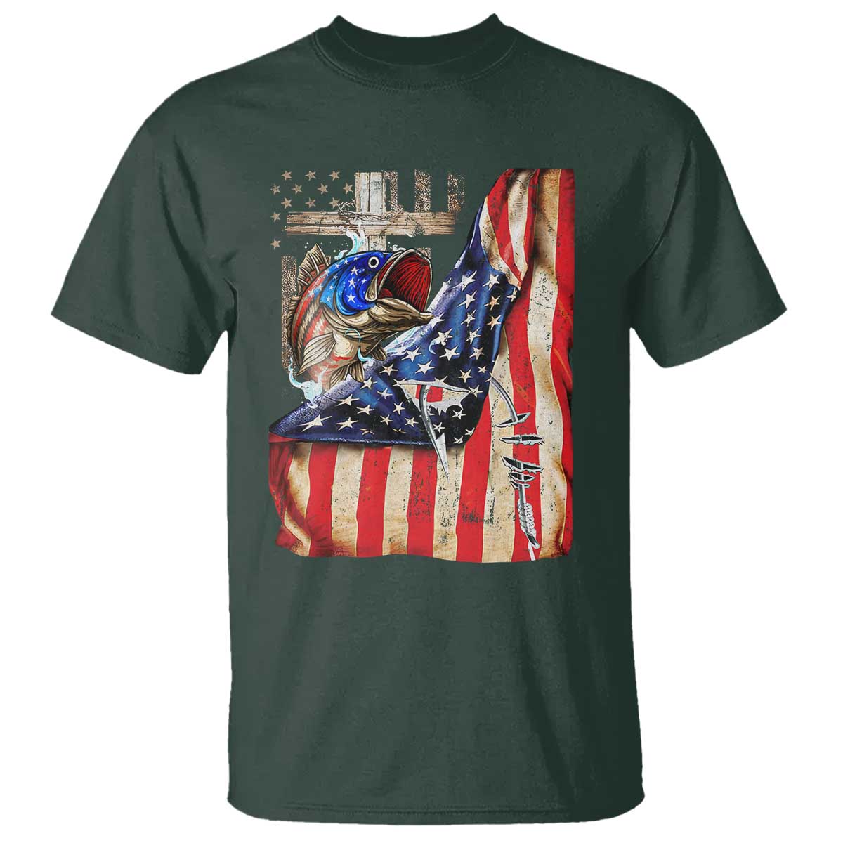 Fisherman Christian Fishing Vintage American Flag T Shirt TS11 Dark Forest Green Print Your Wear