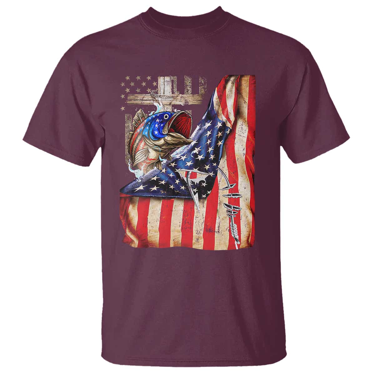Fisherman Christian Fishing Vintage American Flag T Shirt TS11 Maroon Print Your Wear