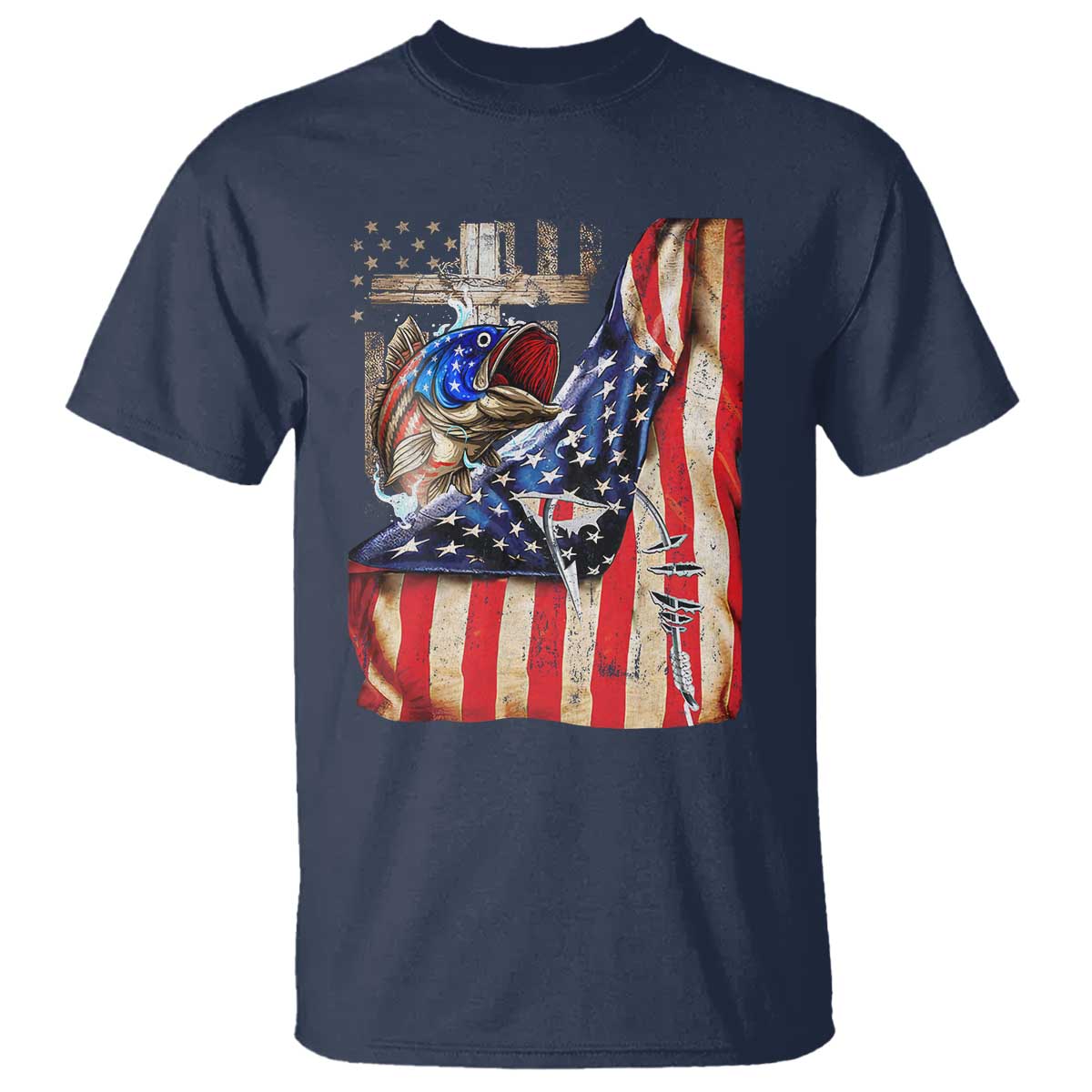 Fisherman Christian Fishing Vintage American Flag T Shirt TS11 Navy Print Your Wear