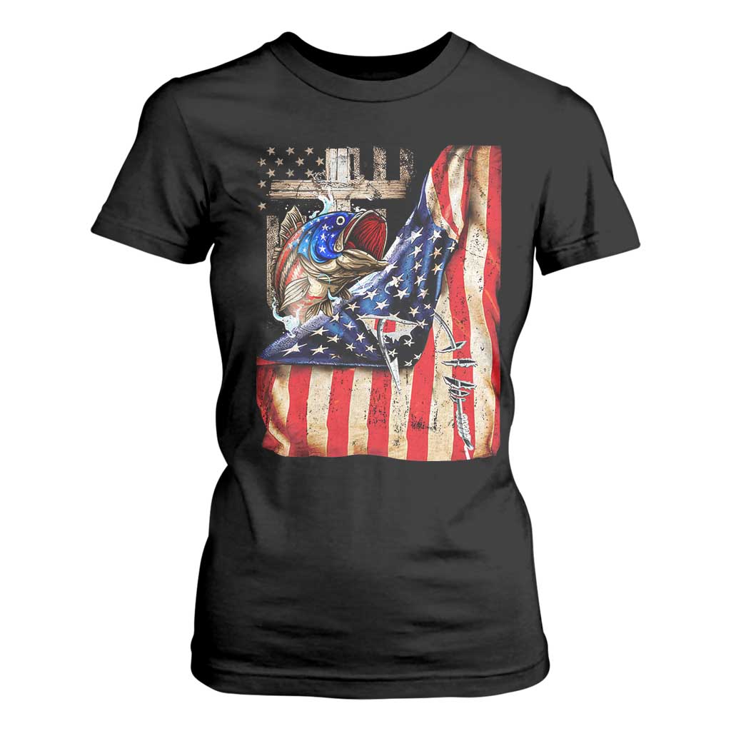 Fisherman Christian Fishing Vintage American Flag T Shirt For Women TS11 Black Print Your Wear