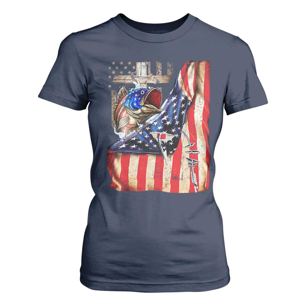 Fisherman Christian Fishing Vintage American Flag T Shirt For Women TS11 Navy Print Your Wear