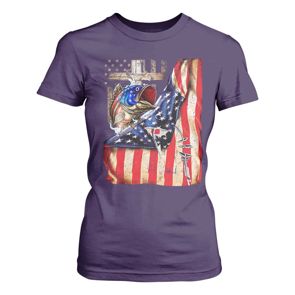 Fisherman Christian Fishing Vintage American Flag T Shirt For Women TS11 Purple Print Your Wear