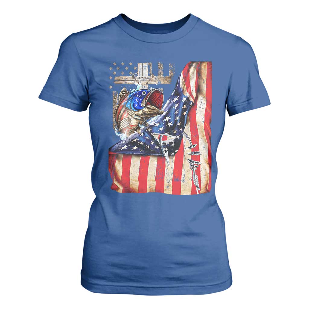 Fisherman Christian Fishing Vintage American Flag T Shirt For Women TS11 Royal Blue Print Your Wear