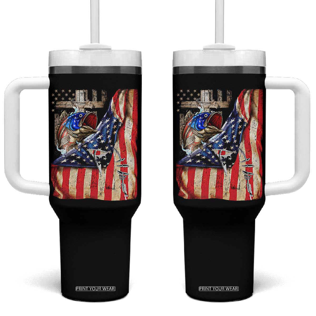 Fisherman Christian Fishing Vintage American Flag Tumbler With Handle TS11 One Size: 40 oz Black Print Your Wear
