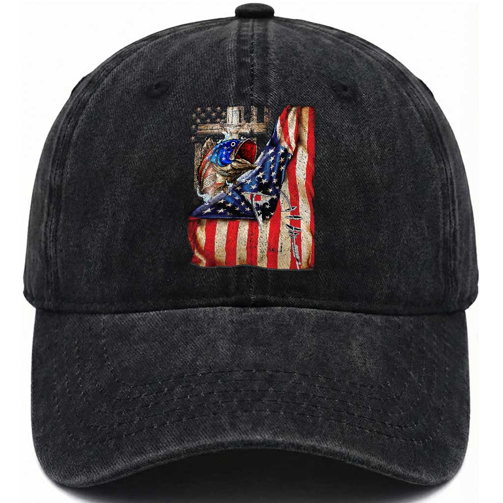 Fisherman Christian Fishing Vintage American Flag Washed Cotton Baseball Cap TS11 Print Your Wear