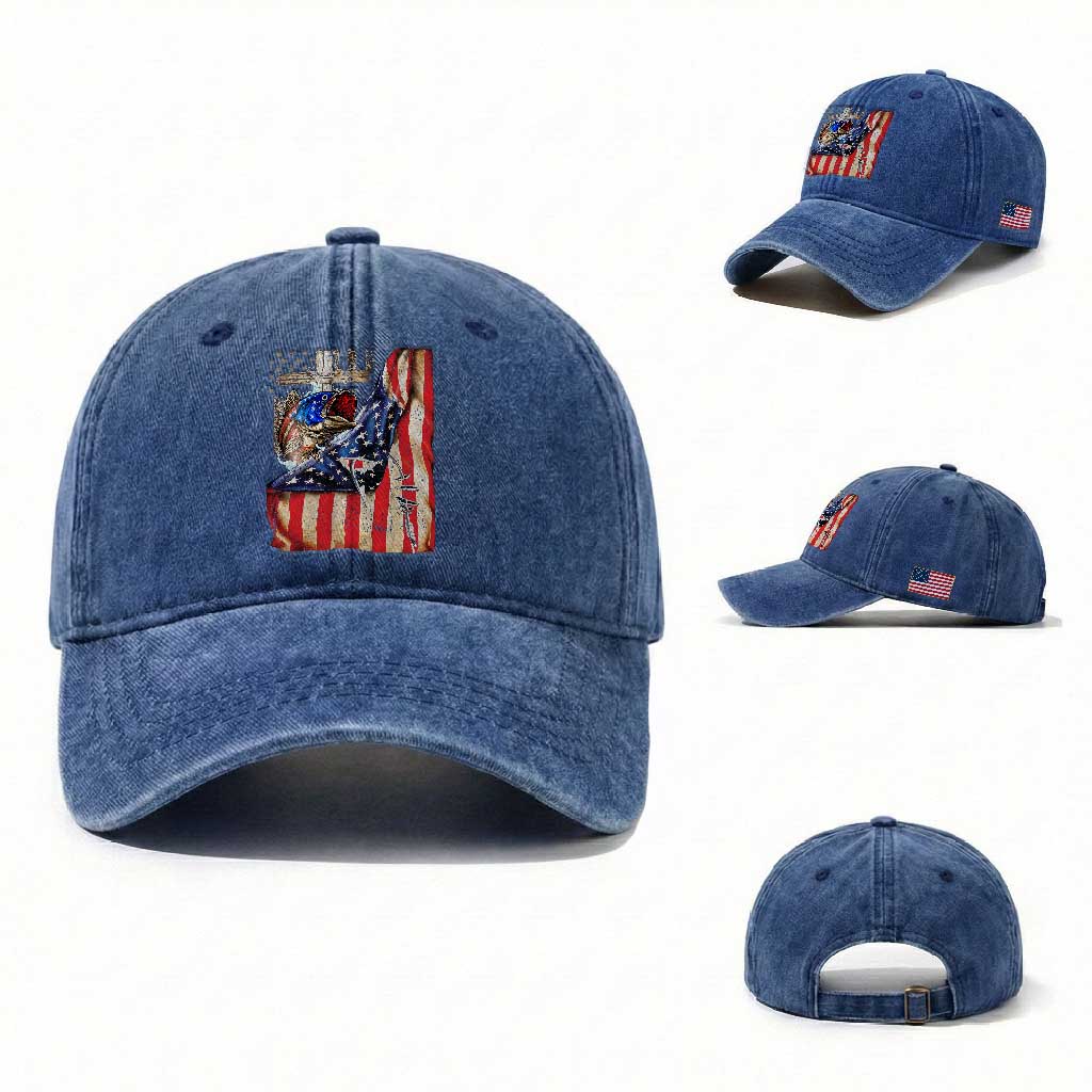 Fisherman Christian Fishing Vintage American Flag Washed Cotton Baseball Cap TS11 Washed Cap Universal Fit Royal Blue Print Your Wear