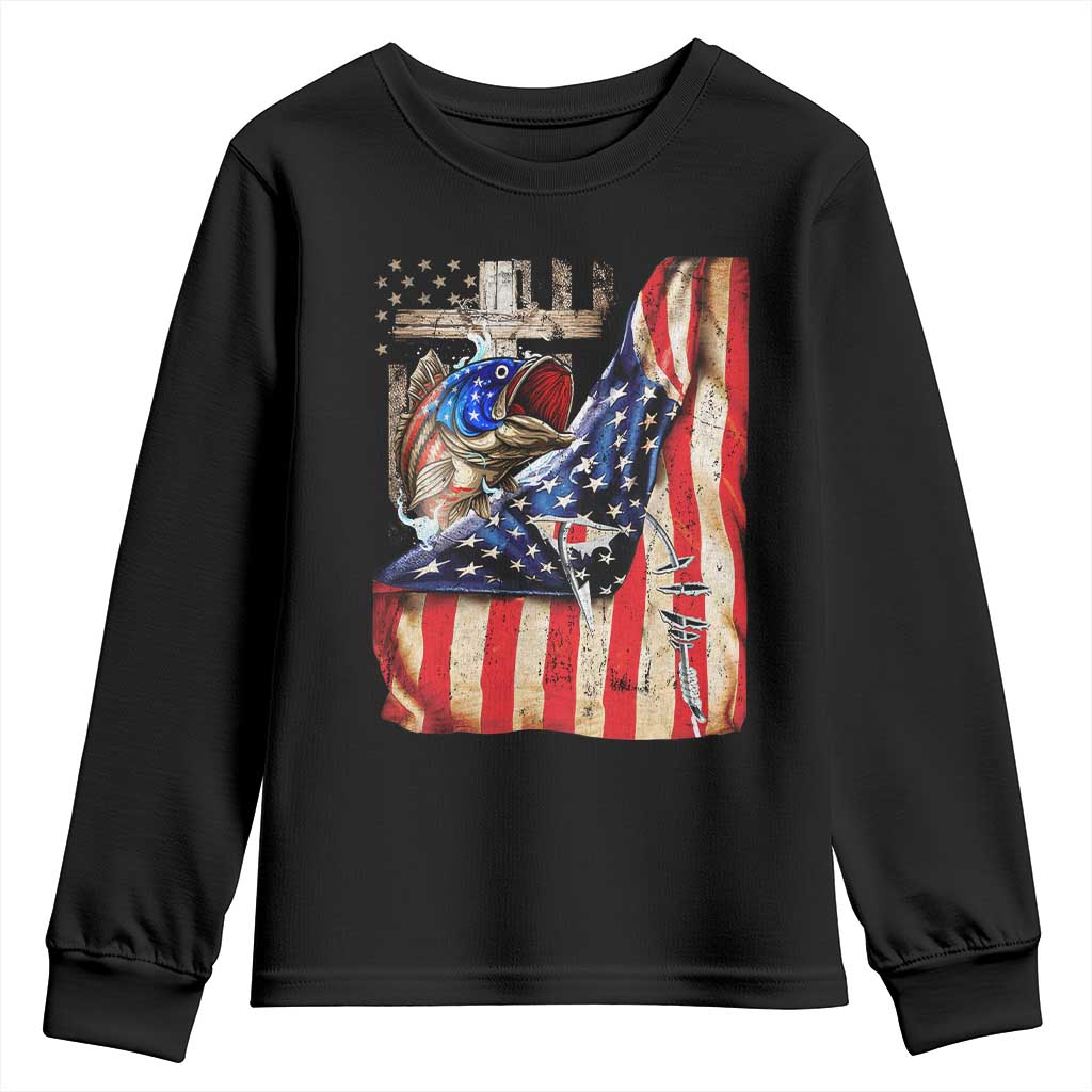 Fisherman Christian Fishing Vintage American Flag Youth Sweatshirt TS11 Black Print Your Wear
