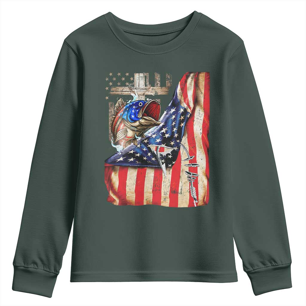 Fisherman Christian Fishing Vintage American Flag Youth Sweatshirt TS11 Dark Forest Green Print Your Wear