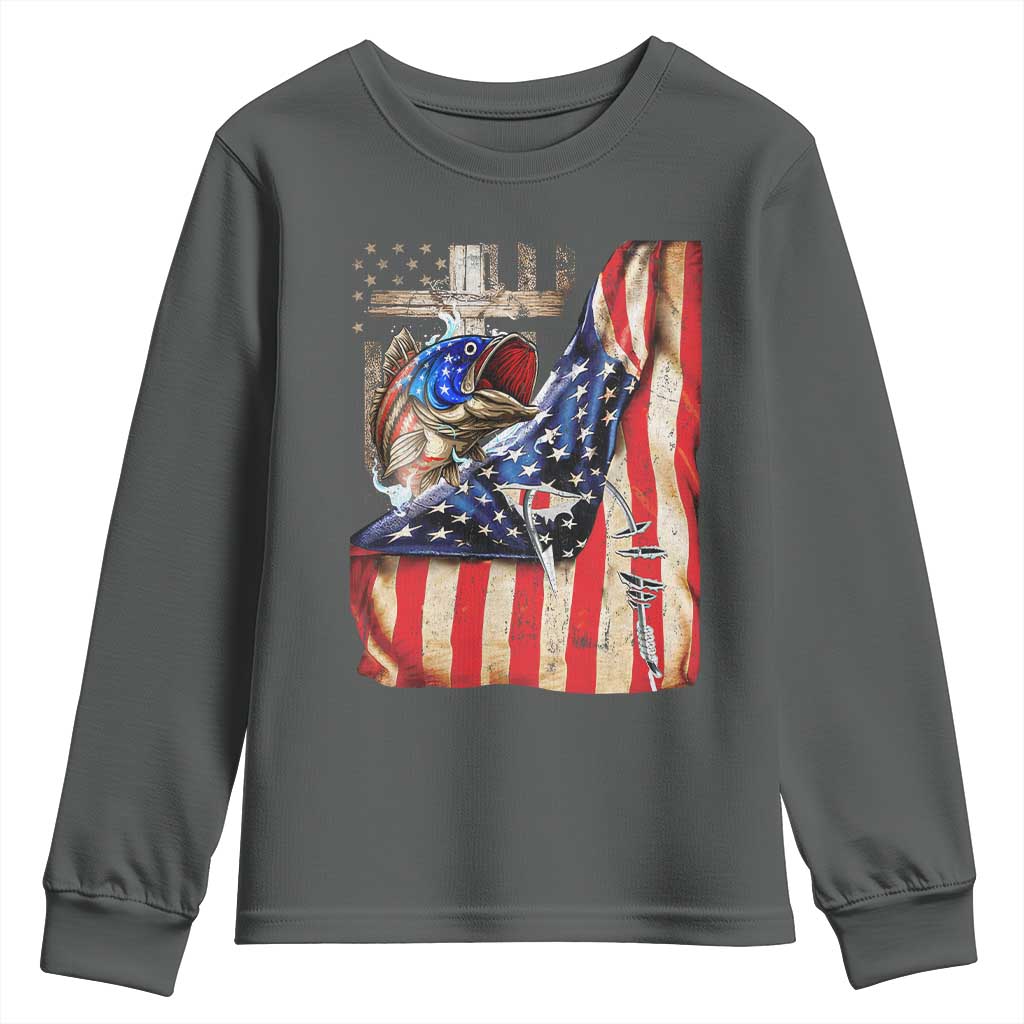 Fisherman Christian Fishing Vintage American Flag Youth Sweatshirt TS11 Dark Heather Print Your Wear